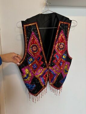Sequin Embellished Black & Multicolor Beaded Vest
